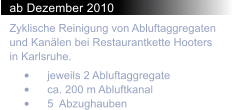 ab Dezember 2010 Zyklische Reinigung von Abluftaggregaten und Kanlen bei Restaurantkette Hooters in Karlsruhe. 	jeweils 2 Abluftaggregate 	ca. 200 m Abluftkanal 	5  Abzughauben