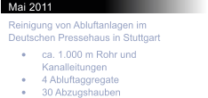 Mai 2011 Reinigung von Abluftanlagen im Deutschen Pressehaus in Stuttgart 	ca. 1.000 m Rohr und Kanalleitungen 	4 Abluftaggregate 	30 Abzugshauben