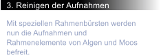 3. Reinigen der Aufnahmen Mit speziellen Rahmenbrsten werden nun die Aufnahmen und Rahmenelemente von Algen und Moos befreit.